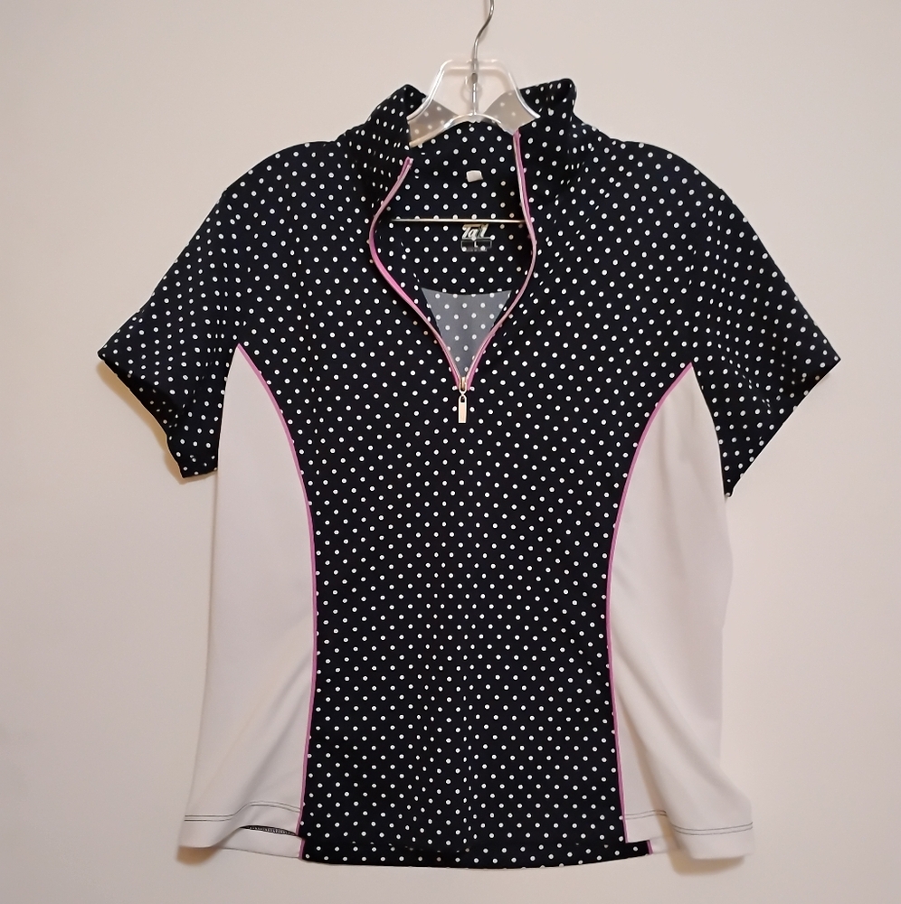 TAIL Black and White Polka Dots Polyester Short Sleeve Pink ZipUp Top L - Picture 2 of 9